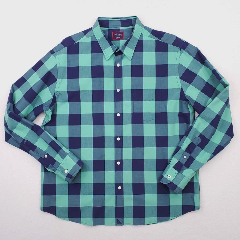 Untuckit Shirt Mens Extra Large Blue Green Buffalo Check Plaid Button Up Preppy